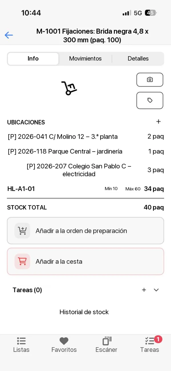 La ficha de material en la app Almacén OS con stock por ubicación, mínimo y máximo