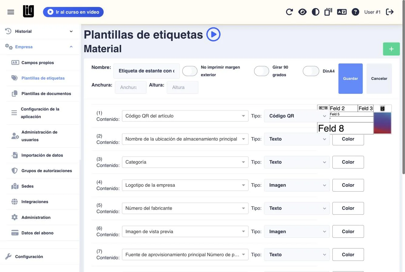 El editor de la plantilla de etiqueta con la lista de campos, donde el campo 1 tiene Contenido Código QR del artículo y Tipo Código QR