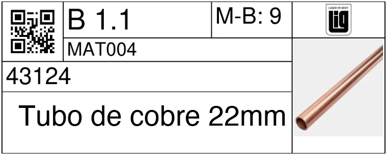 Una etiqueta terminada con código QR, la ubicación de almacenamiento, los números y el nombre del material