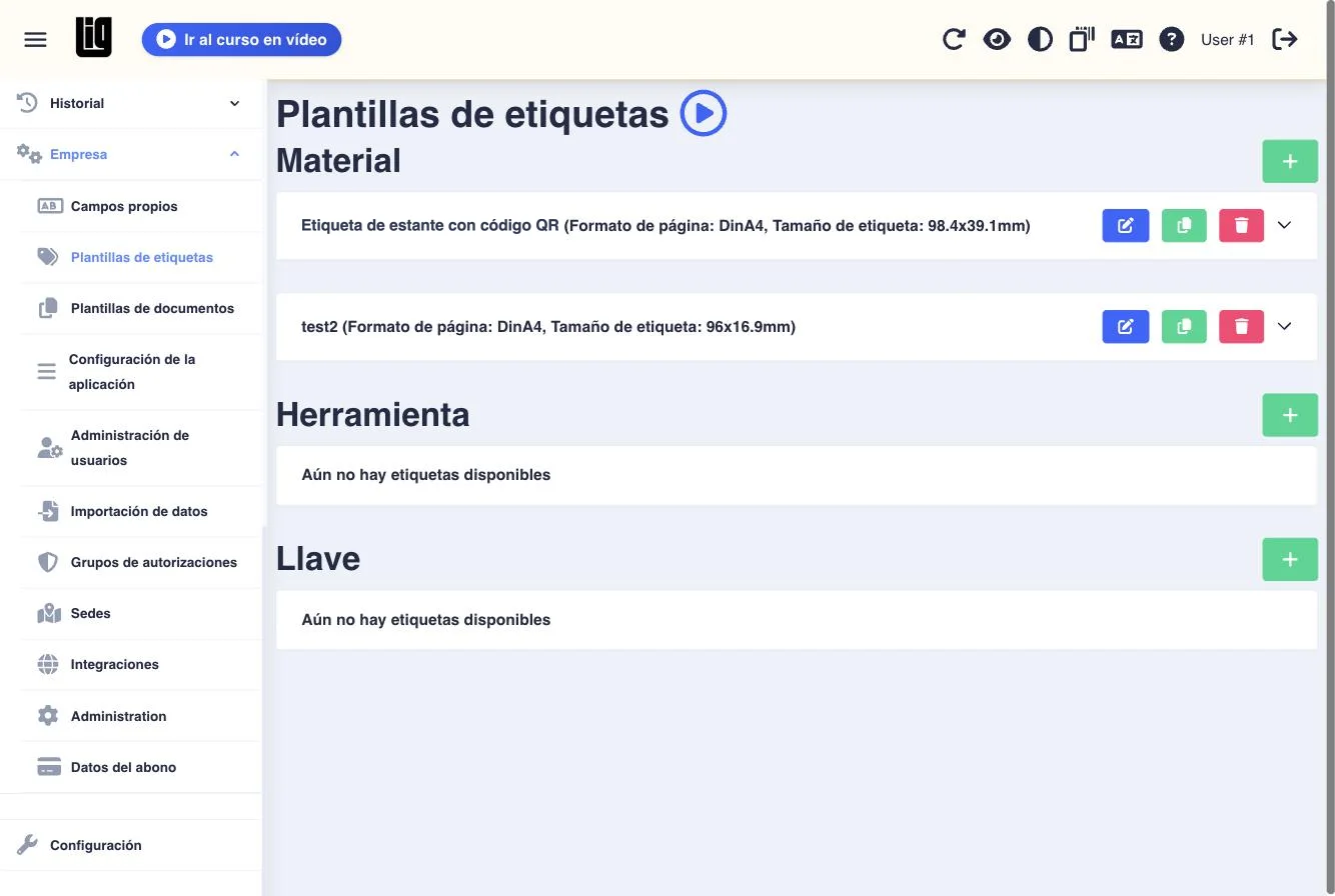 La página Plantillas de etiquetas de la aplicación web con secciones para Material, Herramienta y Llave y un botón verde de más