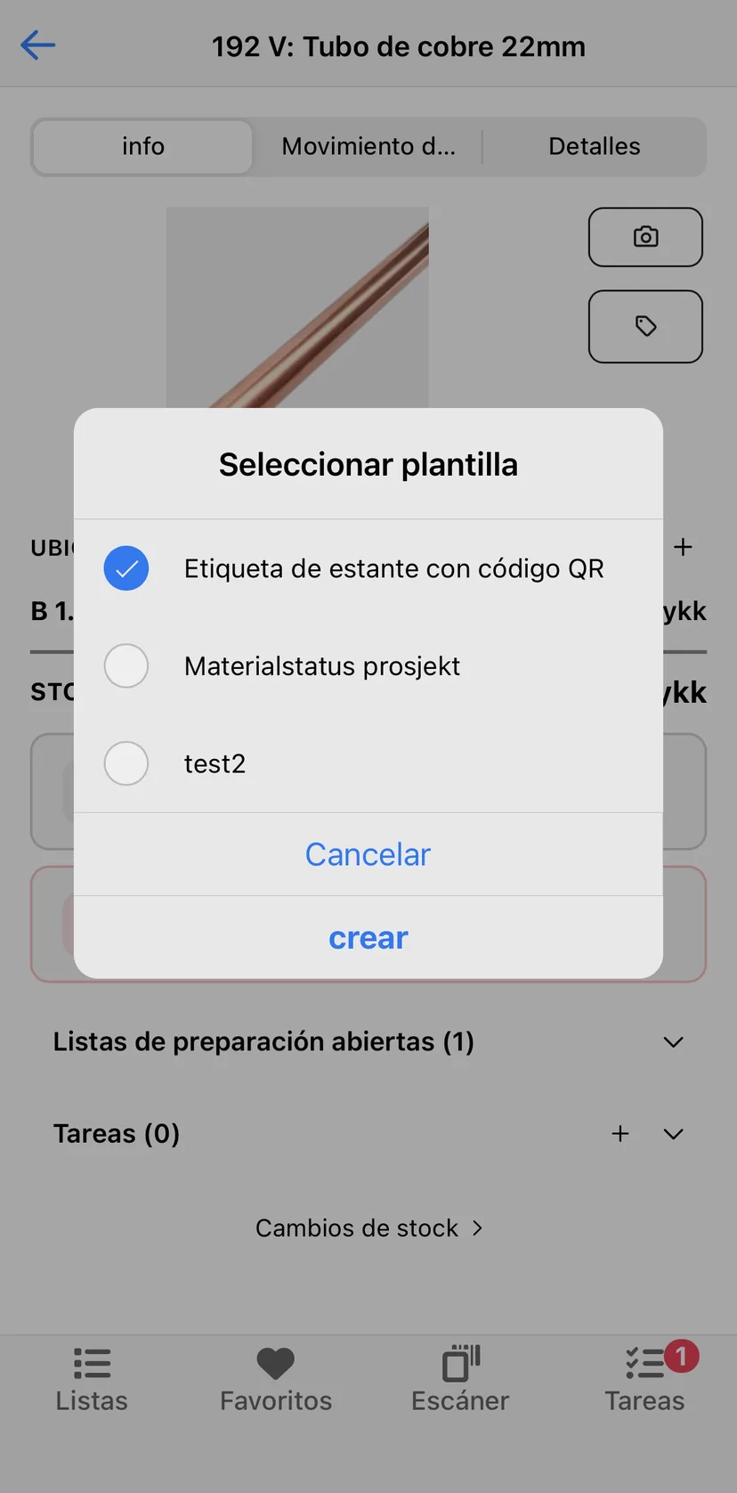 El diálogo Seleccionar plantilla de la app móvil con una plantilla de etiqueta seleccionada