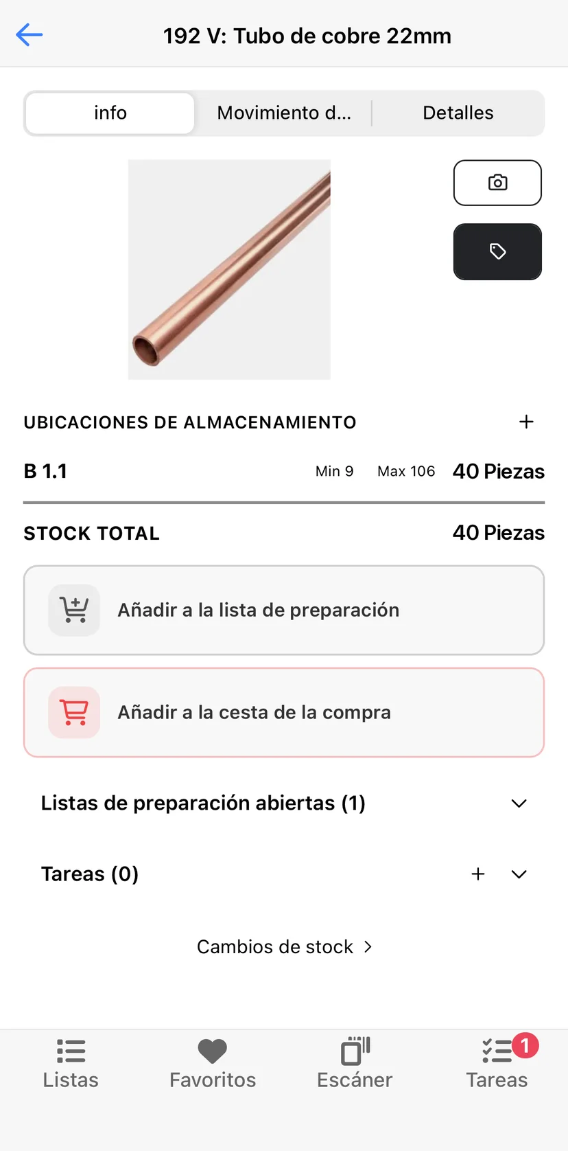Un material abierto en la app móvil con el botón de etiqueta arriba a la derecha pulsado