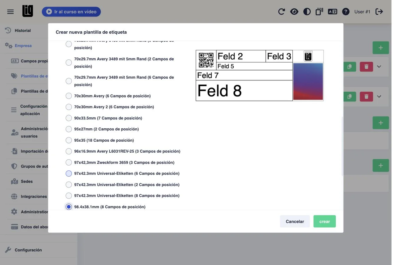 El diálogo Crear nueva plantilla de etiqueta con la lista de formatos, la vista previa del diseño y 98.4x38.1mm seleccionado