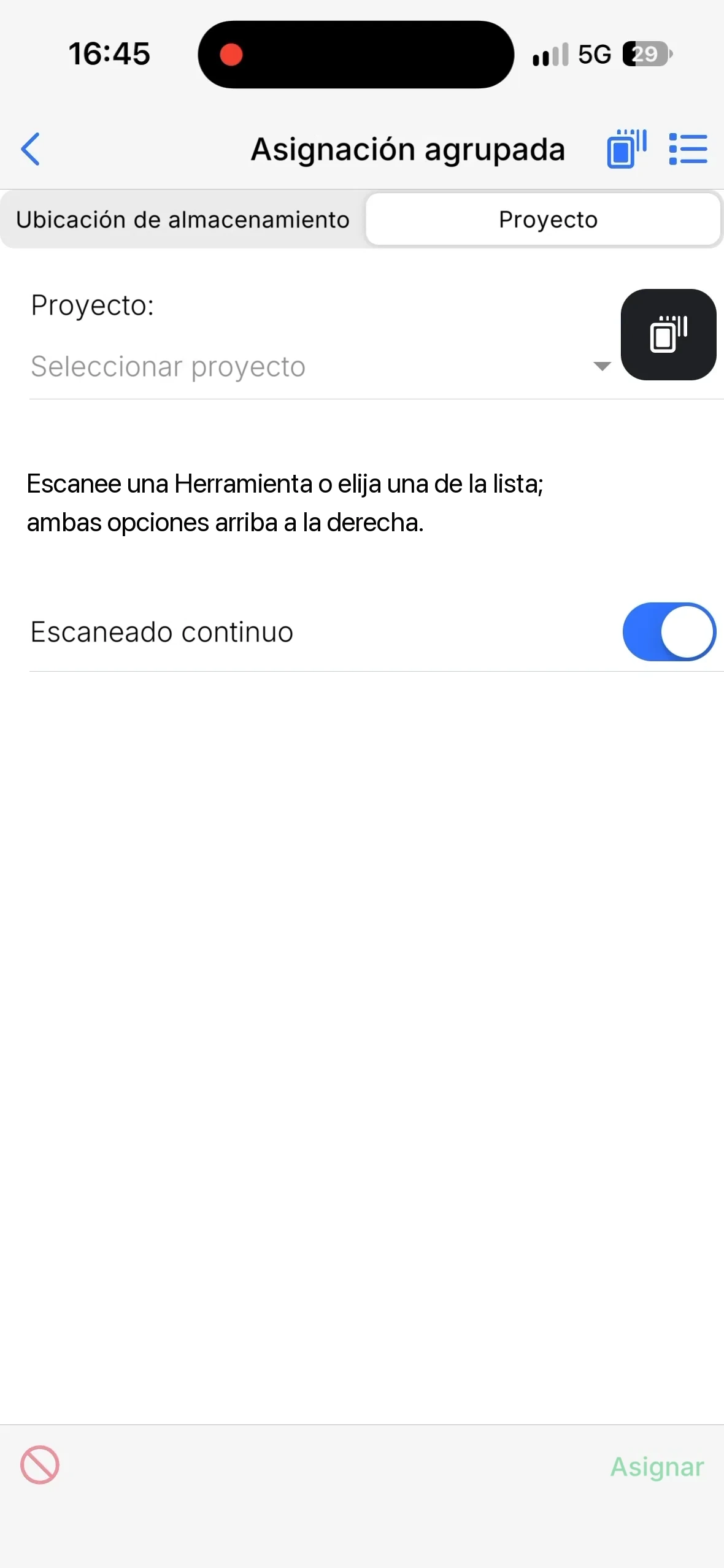 La pantalla Asignación agrupada con la pestaña Proyecto seleccionada y la lista vacía