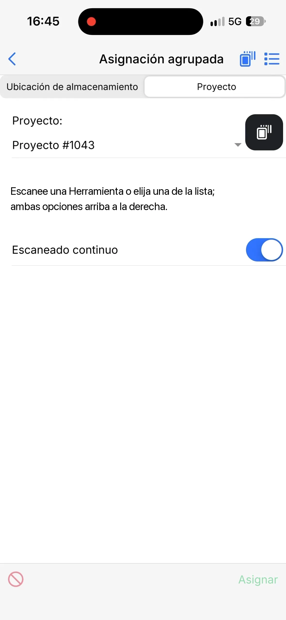 La pantalla Asignación agrupada con el proyecto seleccionado y Escaneado continuo activado